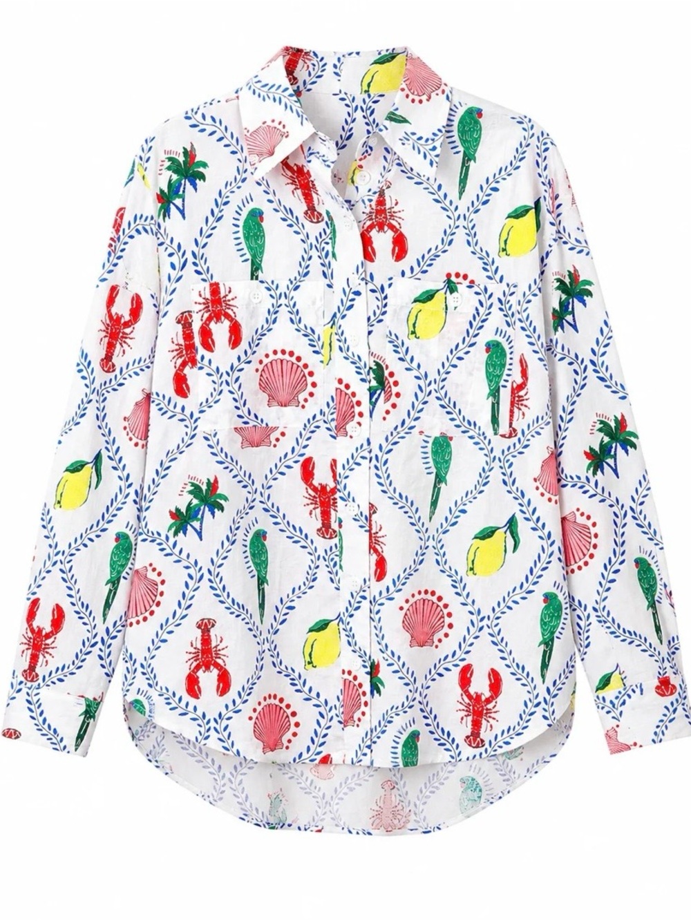 Ivy Jane NEW Vacation Shirt. Lobsters Clams Lemons Parrots Tropical shirt. FUN